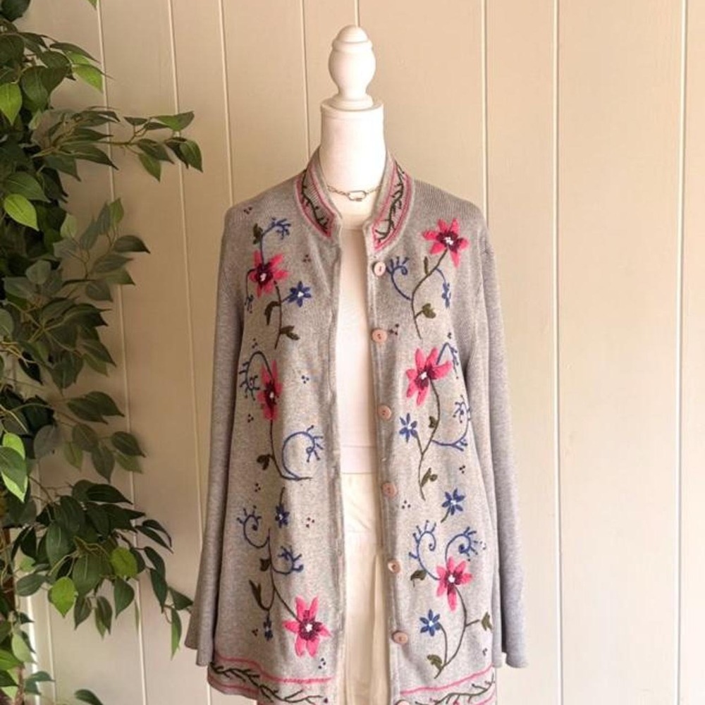 Vintage Norm Thompson Floral Embroidered Gray Cardigan Women's Size Large